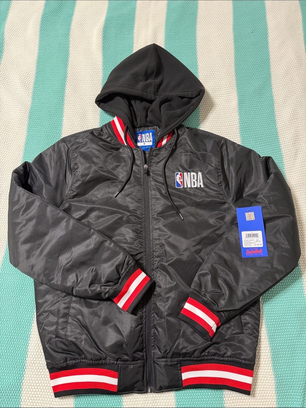 NBA Black Hooded Satin Bomber Jacket with Red and White Stripe Trim